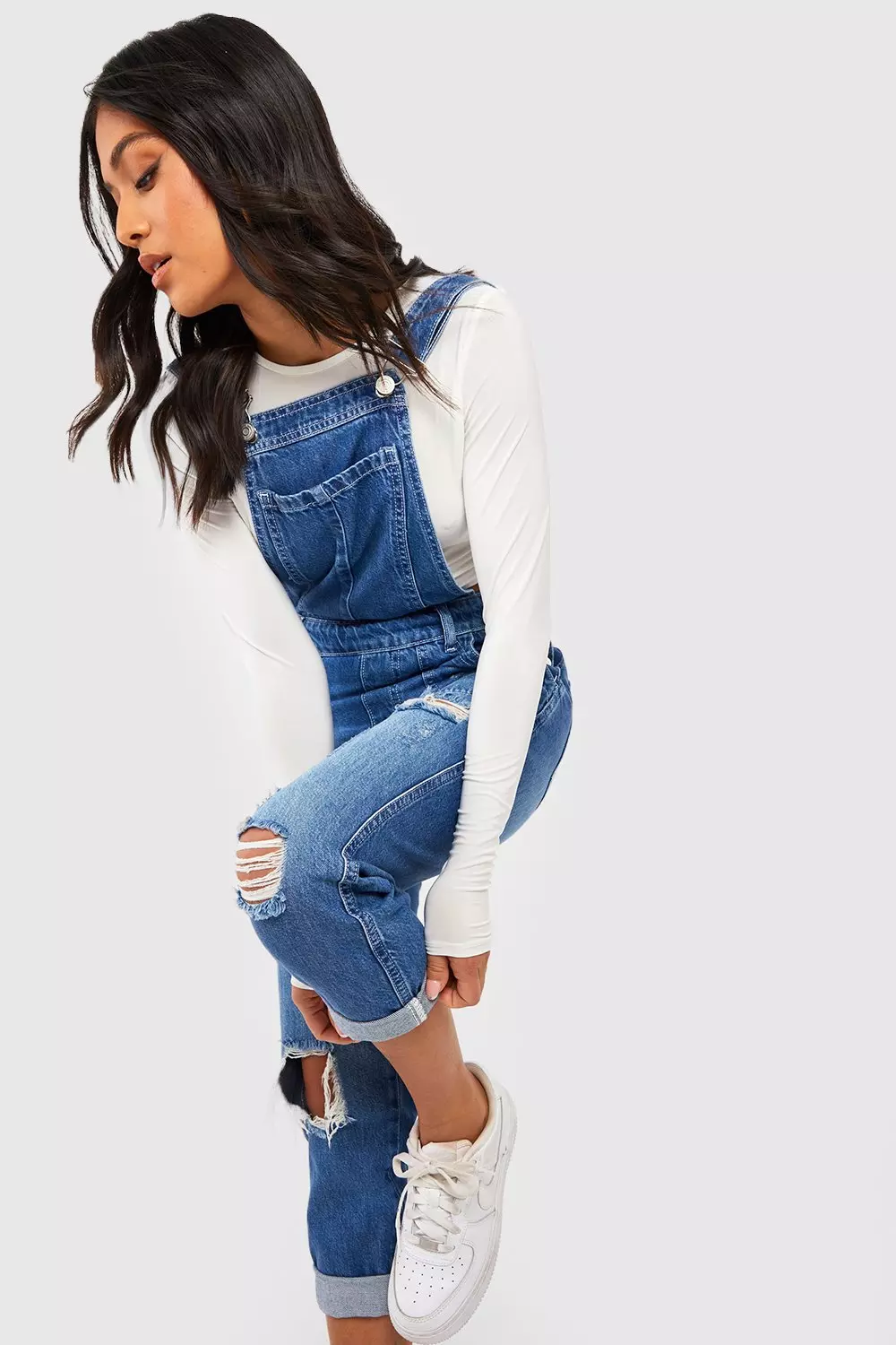 Petite Mid Blue Distressed 3/4 Dungarees